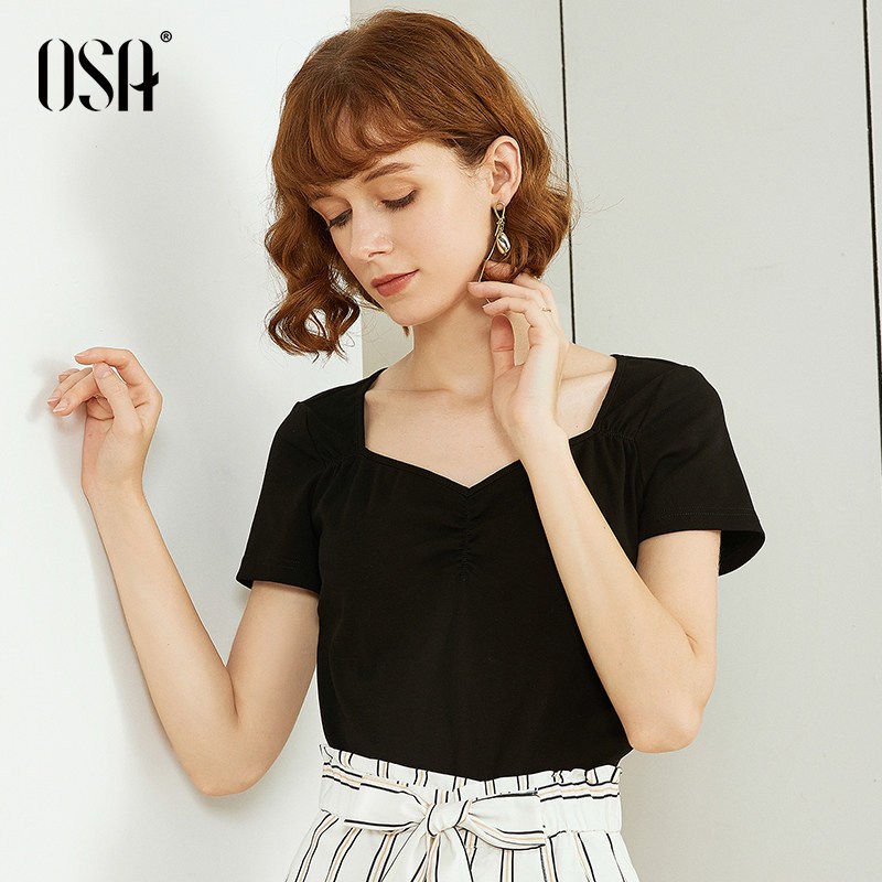 OSA欧莎2019新款夏黑色短袖T恤女ins方领锁骨上衣宽松显瘦心机 L 黑色