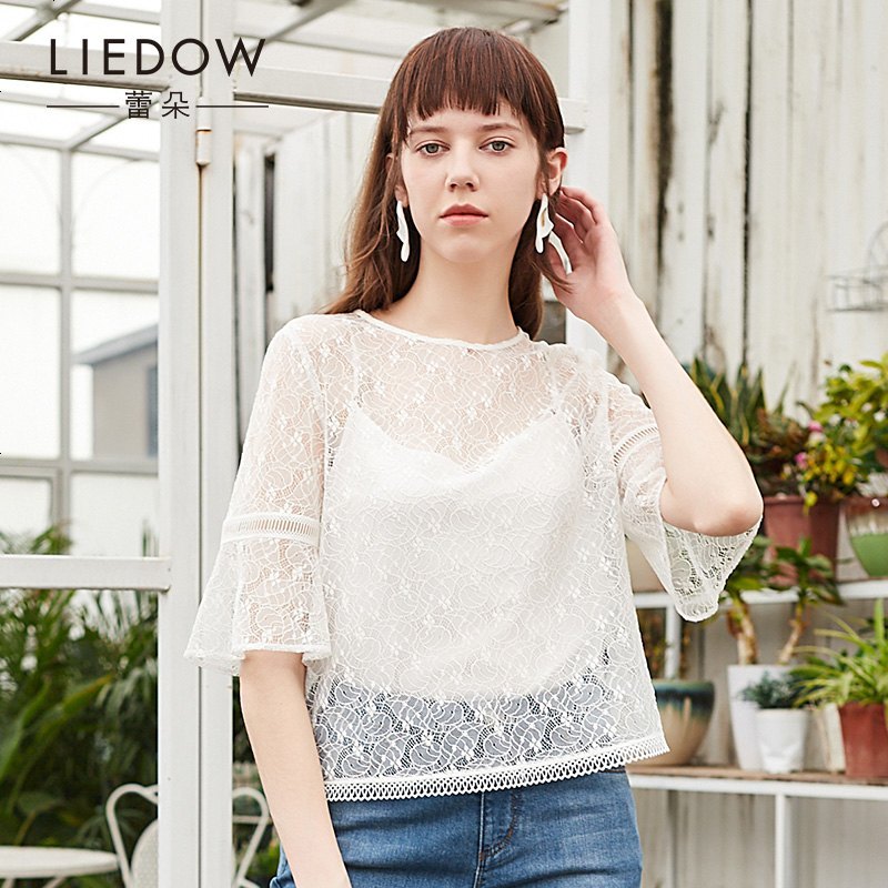 LIEDOW/蕾朵白色百搭打底衫2019新款女夏内搭修身很仙的蕾丝上衣_884_437 M3 白色
