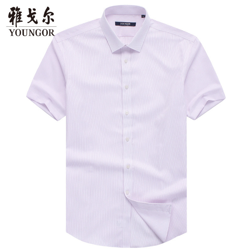 Youngor/雅戈尔男士短袖衬衫夏季衬衣男短袖休闲 粉红条纹 44