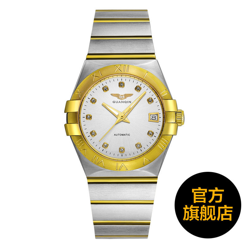 冠琴(GUANQIN)手表防水夜光全自动机械表镀金男表复古商务腕表 间金白面单日历