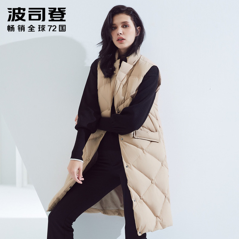 波司登鹅绒马甲女中长款厚款羽绒马夹女士丝绒外套 炫卡其7010 155/80A