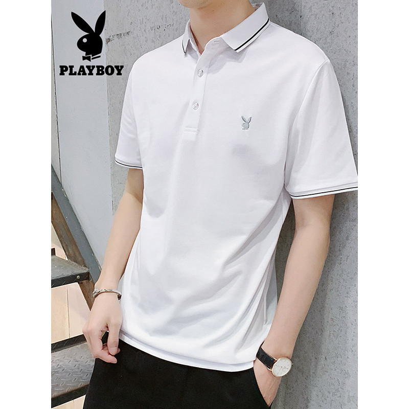 花花公子男士短袖T恤夏季港版潮流男装翻领POLO衫上衣 3XL 白色