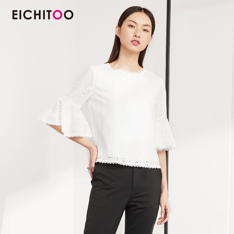 爱居兔春装2019女装喇叭袖绣花中袖梭织上衣 160/84A/M 漂白(05)