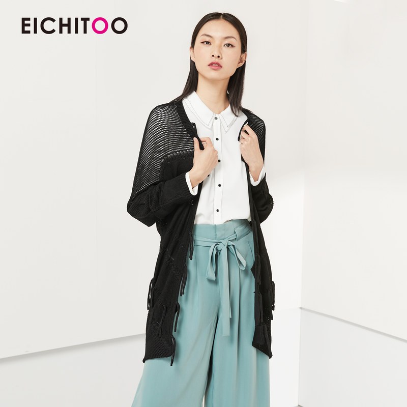 爱居兔春装2019女装 流苏中长款针织外套 黑色(01) 160/84A/M