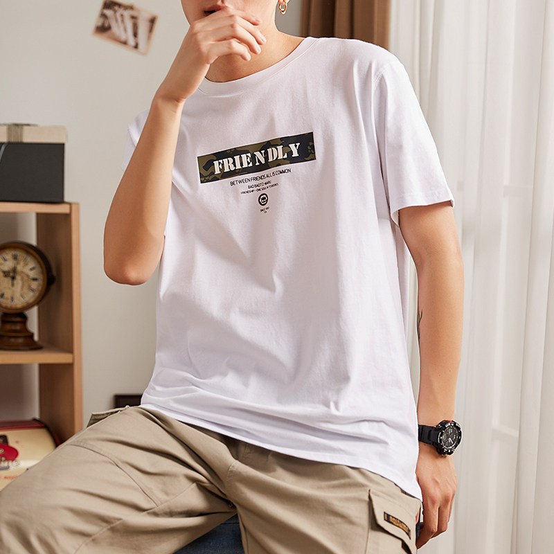 唐狮短袖T恤男2019夏装新款印花圆领纯棉体恤学生宽松半袖衣服潮 XL 漂白