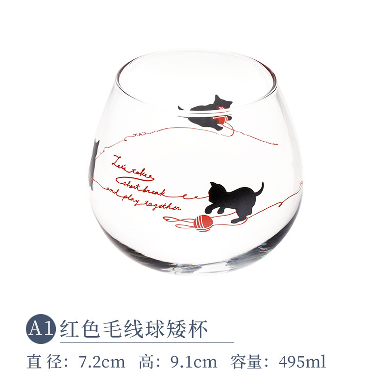 日式猫爪杯猫咪玻璃杯可爱创意水杯 日本进口家用喝水杯子女茶杯 A1红色毛线球矮杯495ml 默认尺寸_470 默认尺寸 A1红色毛线球矮杯495ml-