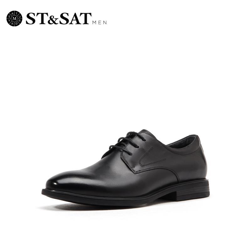 星期六(ST&SAT)春秋新款低跟圆头系带休闲皮鞋男鞋SS93129804 10黑色 38码