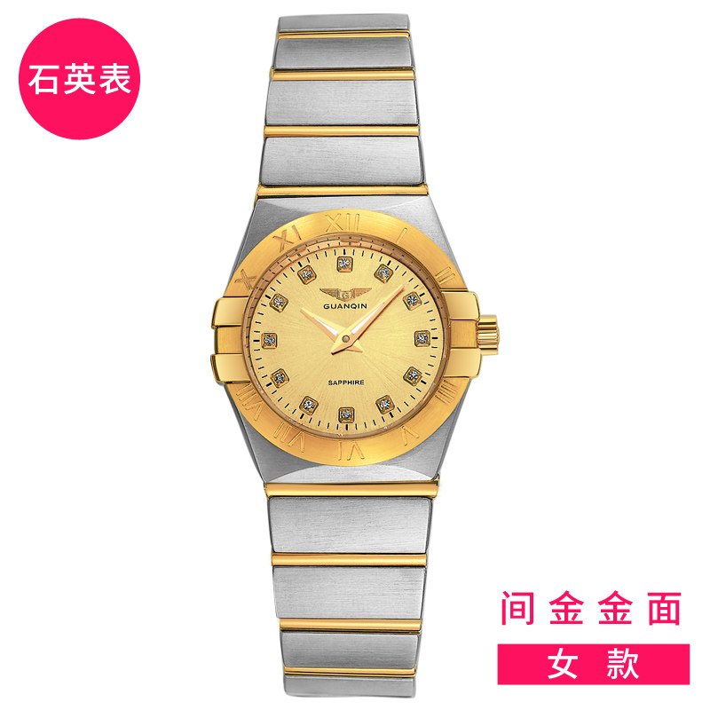 冠琴(GUANQIN)手表男防水夜光男机械表女石英表休闲时尚水钻19K金情侣腕表 石英表-女款间金金面