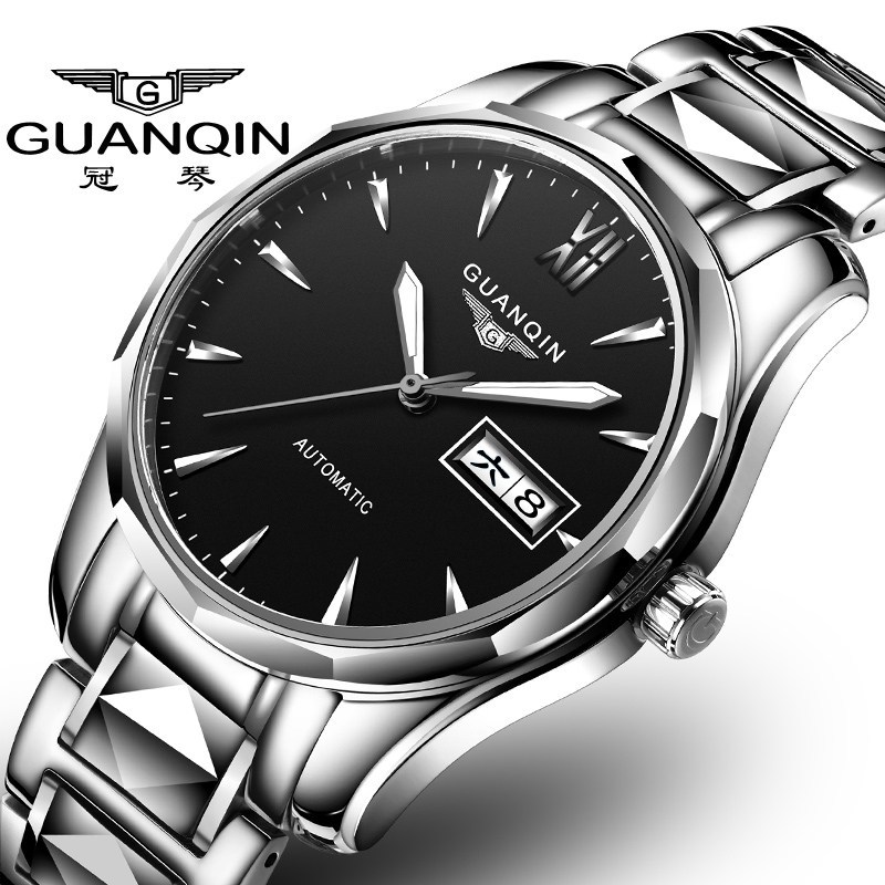 冠琴(GUANQIN)手表男士防水夜光全自动机械表镂空时尚简约商务时尚腕表 条丁精钢黑面【钨钢款】