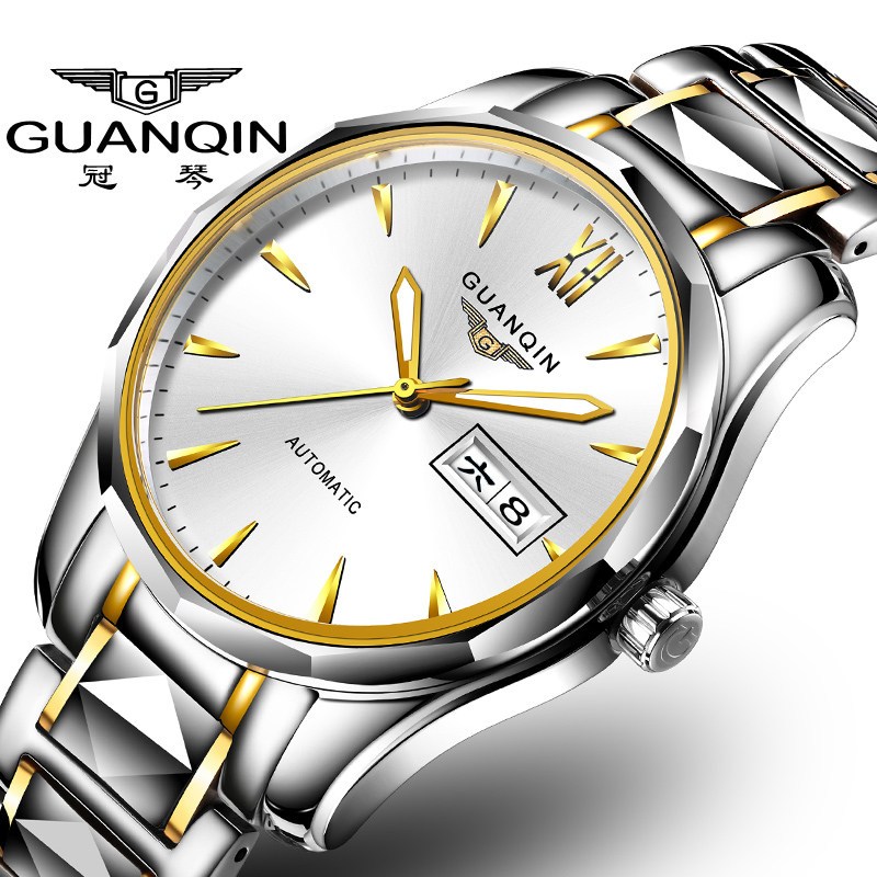 冠琴(GUANQIN)手表男士防水夜光全自动机械表镂空时尚简约商务时尚腕表 条丁间金白面【钨钢款】