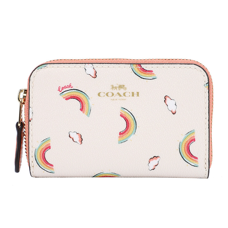 COACH 蔻驰 奢侈品 欧美时尚女士简约印花皮革短款零钱包卡包 白色彩虹款