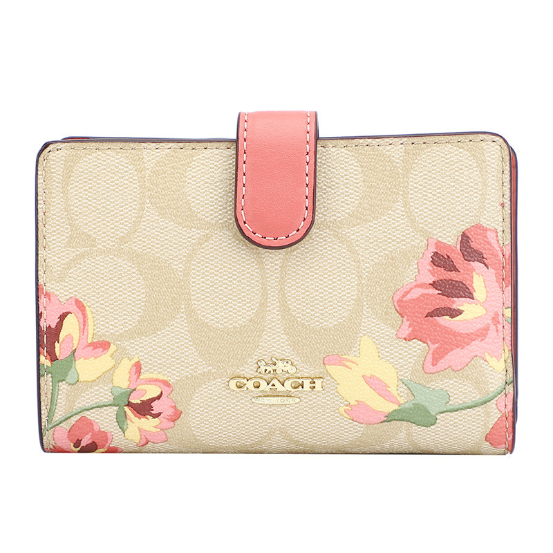 COACH 蔻驰 奢侈品 欧美时尚女士卡其色简约印花人造革短款钱包钱夹零钱包 卡其色印花