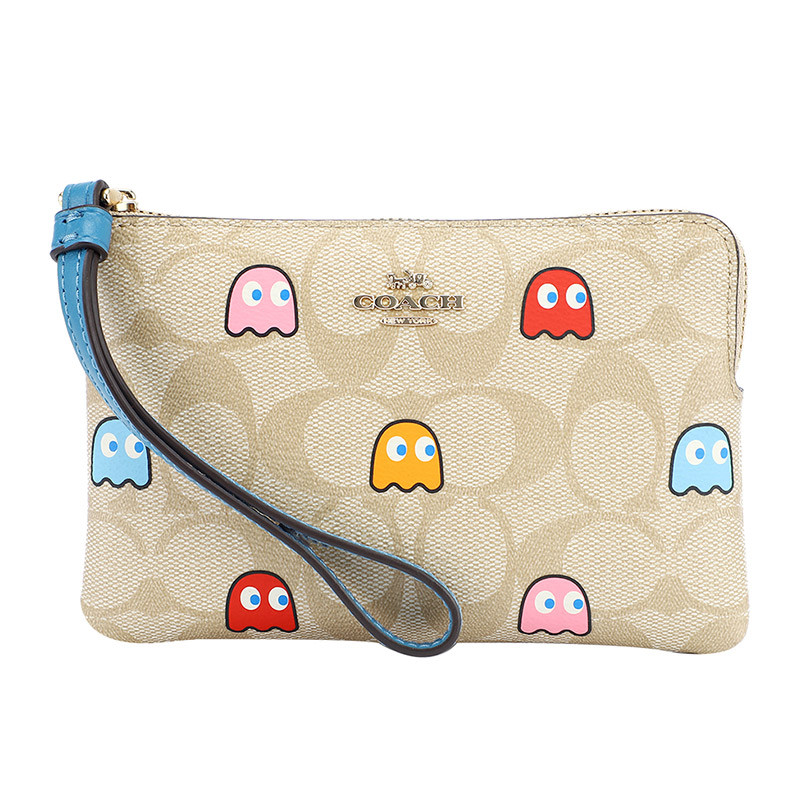 COACH 蔻驰 奢侈品 欧美时尚女士卡其色印花人造革短款零钱包女手包 卡其色印花