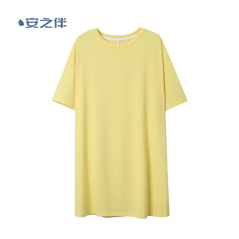 安之伴短袖睡裙女夏休闲宽松大码睡衣中裙可外穿纯色家居服T恤裙 黄色 L
