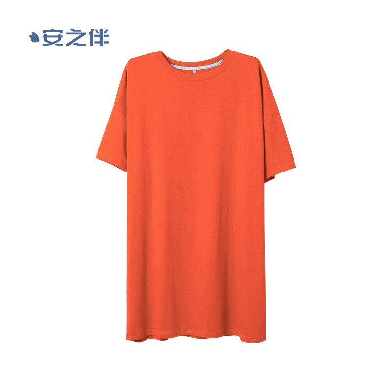 安之伴短袖睡裙女夏休闲宽松大码睡衣中裙可外穿纯色家居服T恤裙 橙色 M