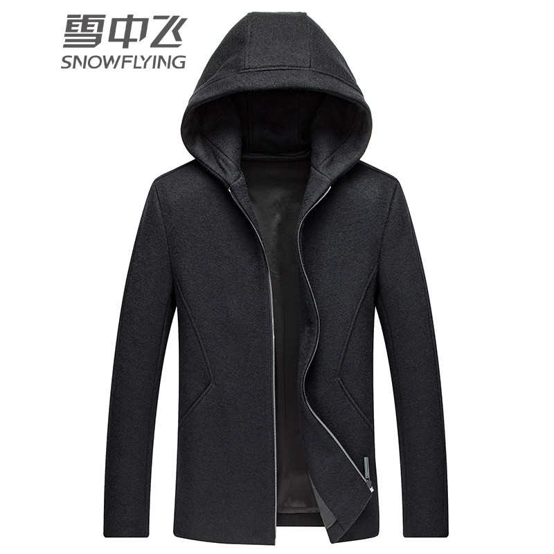 雪中飞2019新品秋冬季毛呢大衣男时尚连帽潮流个性外套风衣男装 175 黑色