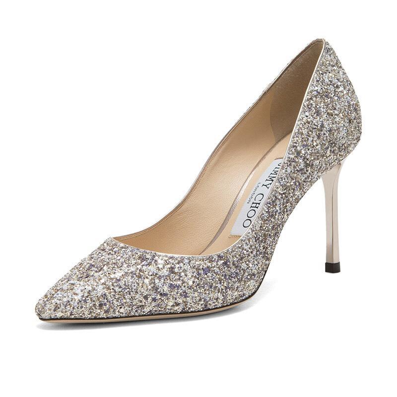 Jimmy Choo 周仰杰 女款ROMY 85系列闪光面料高跟鞋 ROMY 85 GTZ 191 PLATINUM.MIX-多色 36.5