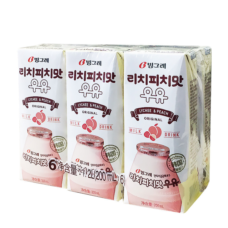 韩国进口 宾格瑞荔枝蜜桃味牛奶饮料 200ml*6 香滑口感