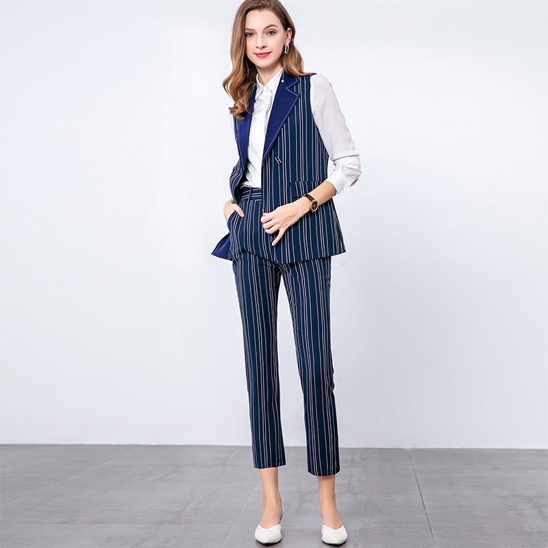 晚白女套装2019秋新款西装翻领条纹马夹外套高腰休闲长裤两件套 L 蓝色