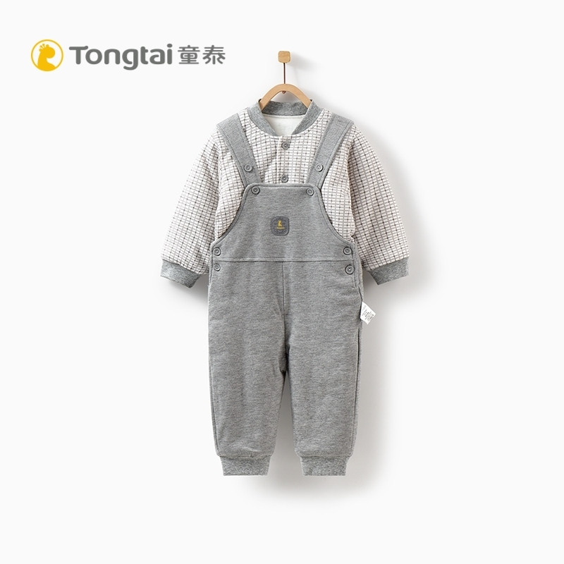 童泰秋冬婴儿外出衣服夹棉套装5-24个月男女宝宝背带裤棉衣两件套 90cm 灰色