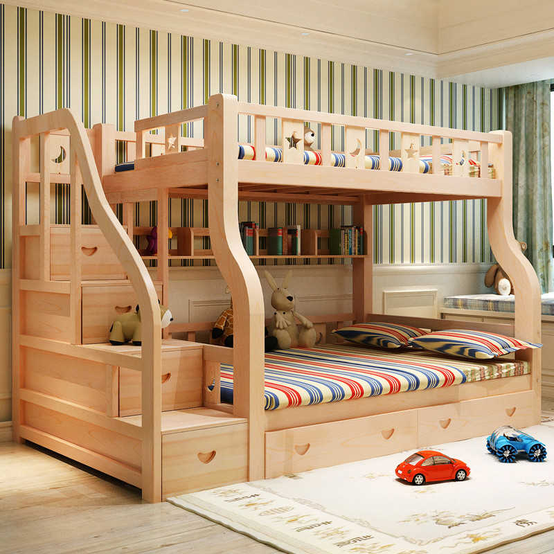 乐优居儿童上下双层床实木高低子母床带梯柜护栏粉白色梯柜款上1600mm