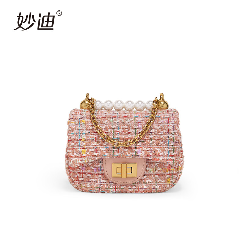 小香风仙女粉色呢子包包名媛珍珠链条包 玫瑰星云粉-小香包