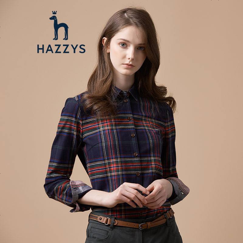 哈吉斯HAZZYS秋冬衬衫女英伦都市格纹长袖衬衫 160/84A_38 藏青色NV