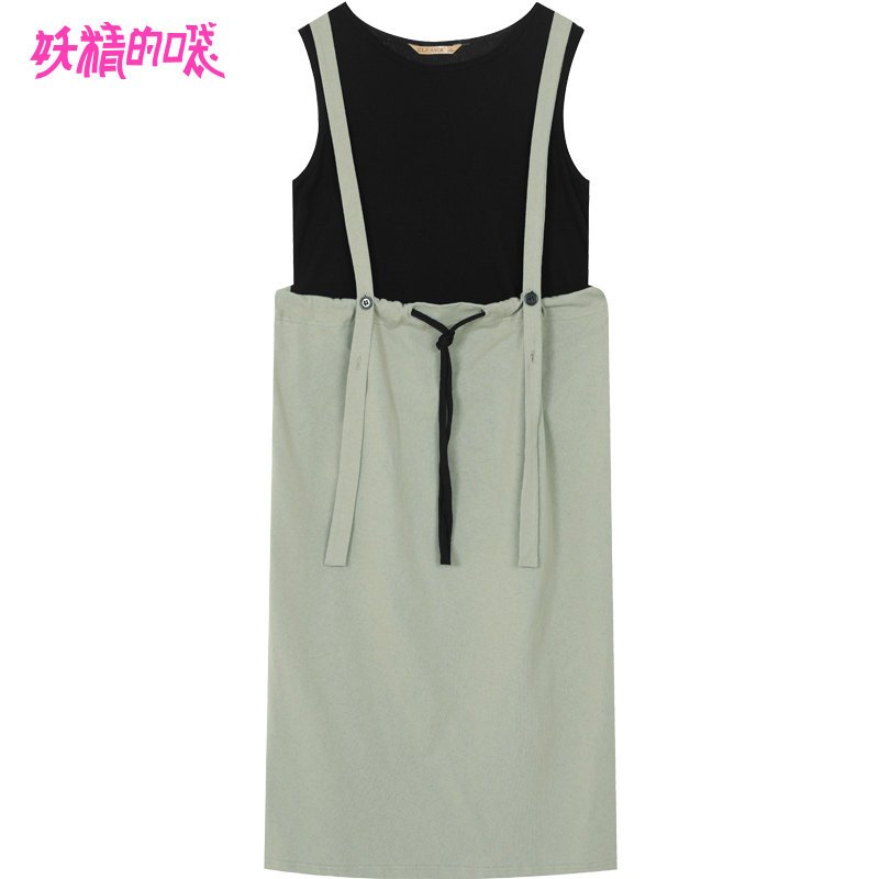 妖精的口袋假两件拼接连衣裙女2019夏季新款ins复古背带裙子学生_1 S 旧邮差绿色