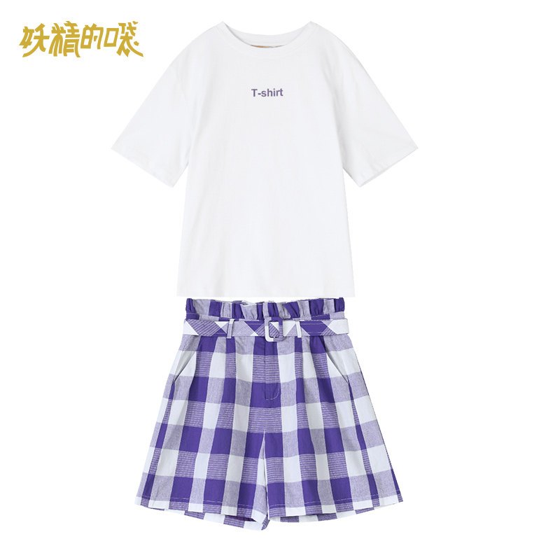 妖精的口袋休闲时尚学生套装2019秋装新款女白色短袖T恤格子短裤 M 风信子色