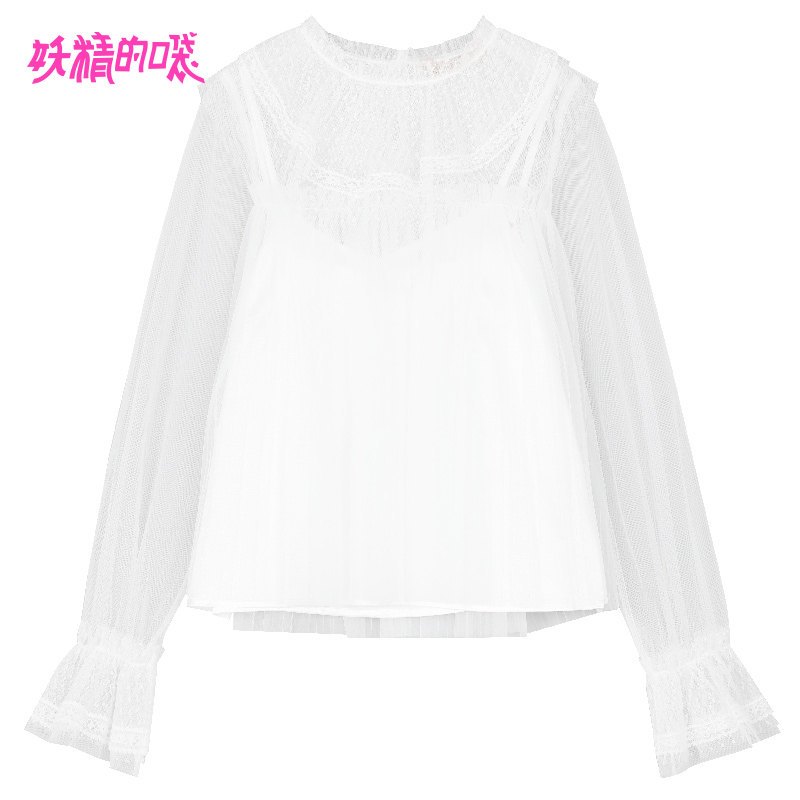 妖精的口袋白色蕾丝衫2019夏季新款女洋气chic韩版超仙长袖雪纺衫 S 小笨蛋白色