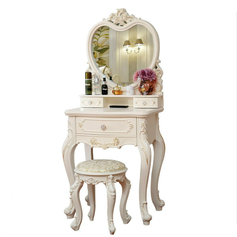 【京好】欧式梳妆台镜子套装A68 小实木化妆桌椅 现代简约雕花家具 G款象牙白描金带凳