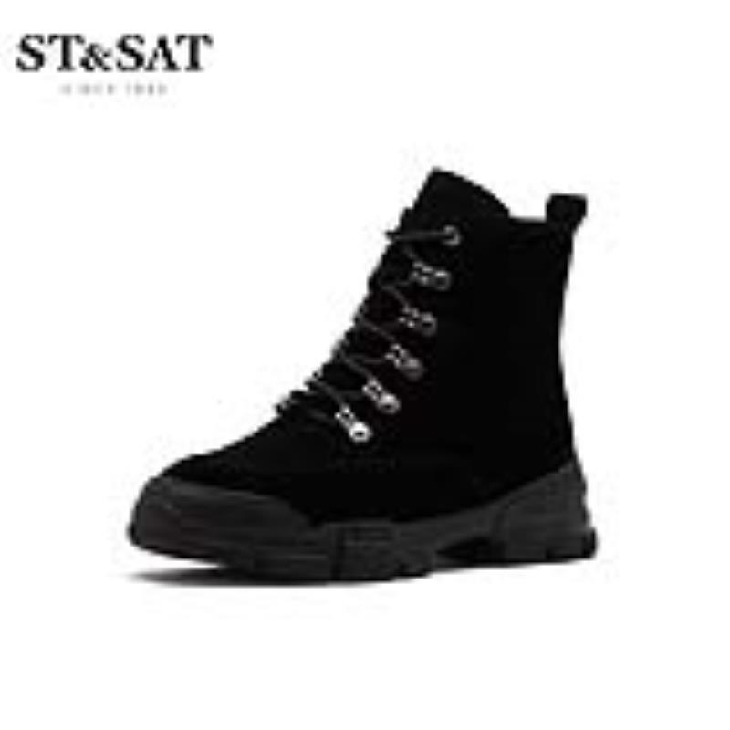 星期六(ST&SAT)秋季新款圆头方跟马丁靴时尚女靴SS93116096 10黑色 37码