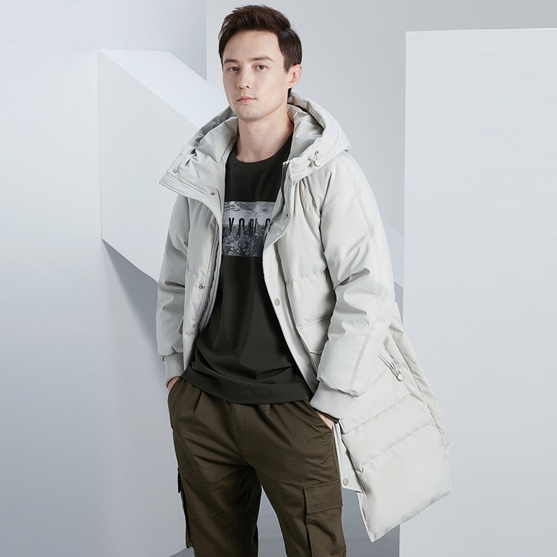 雅鹿羽绒服男中长款韩版2019新款宽松连帽外套加厚冬季面包服潮H 185/2XL 杏色