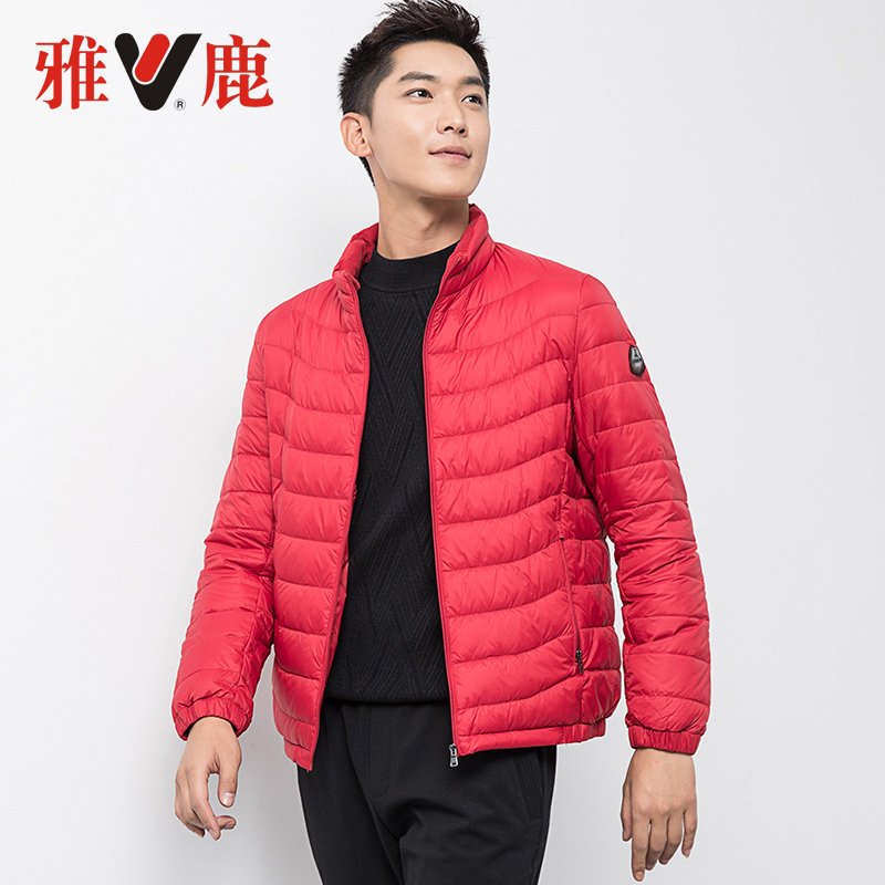 雅鹿羽绒服轻薄款2019新款修身轻型短款轻暖蓄热防寒羽绒服男潮流_1 L 大红