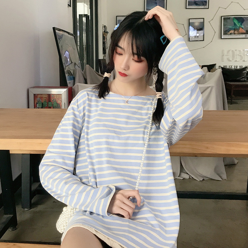 2019夏季女装新款短袖T恤女圆领韩版宽松t桖上衣套头时尚印花中长款街头气质女 432蓝色 均码