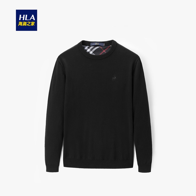 HLA/海澜之家绣花长袖针织衫2019秋季基础圆领套头针织衫男 HNZAD3R064A 黑色64 185/100A/XXL