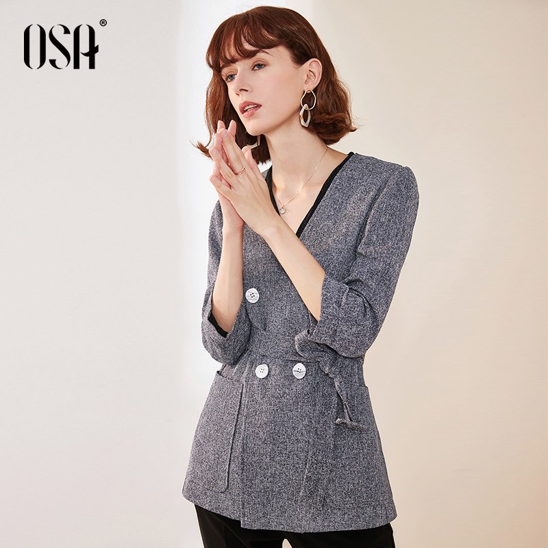 OSA欧莎小西装2019新款时尚秋季外套女韩版流行宽松职业装百搭ins L 花灰色