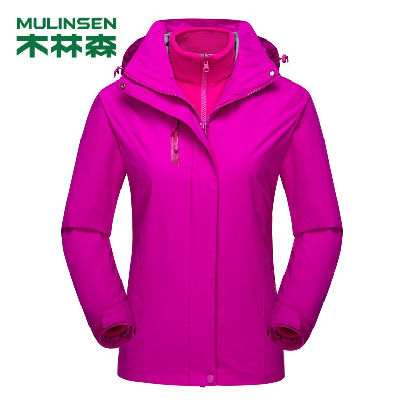 木林森(MULINSEN)男女外套新款三合一两件套情侣登山服带帽户外防风冲锋衣 女款-粉紫 XL
