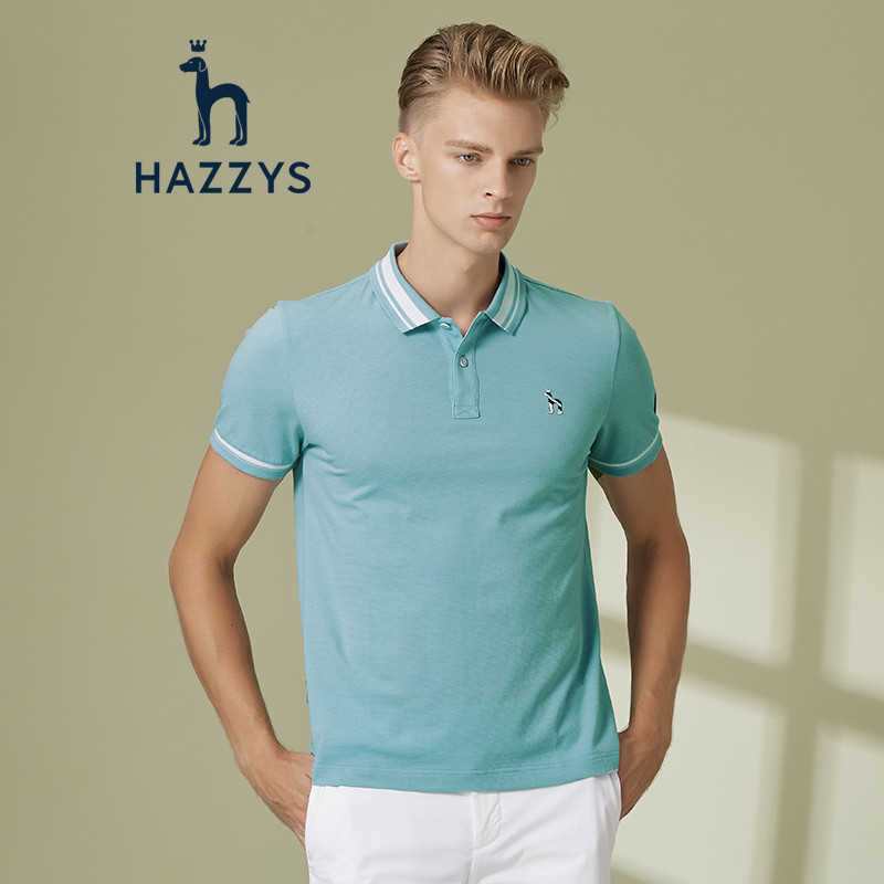 哈吉斯HAZZYS夏装新款T恤衫男纯色POLO衫 浅蓝色LL 185/104A52