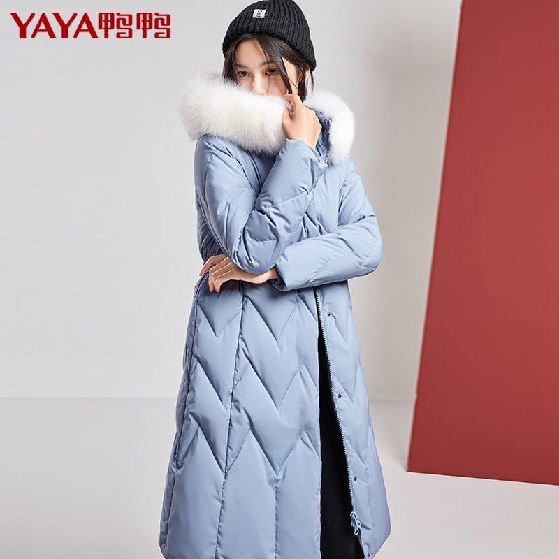 鸭鸭2019秋冬新款长款羽绒服女连帽修身韩版冬季时尚外套B-521606_925 175/96A 兰灰