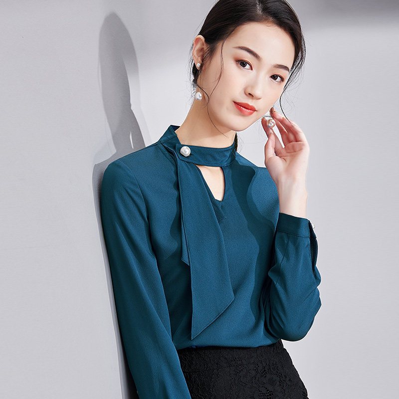 欧昵雪秋装飘带小心机上衣女洋气时尚小衫长袖套头衬衫 S 湖蓝色