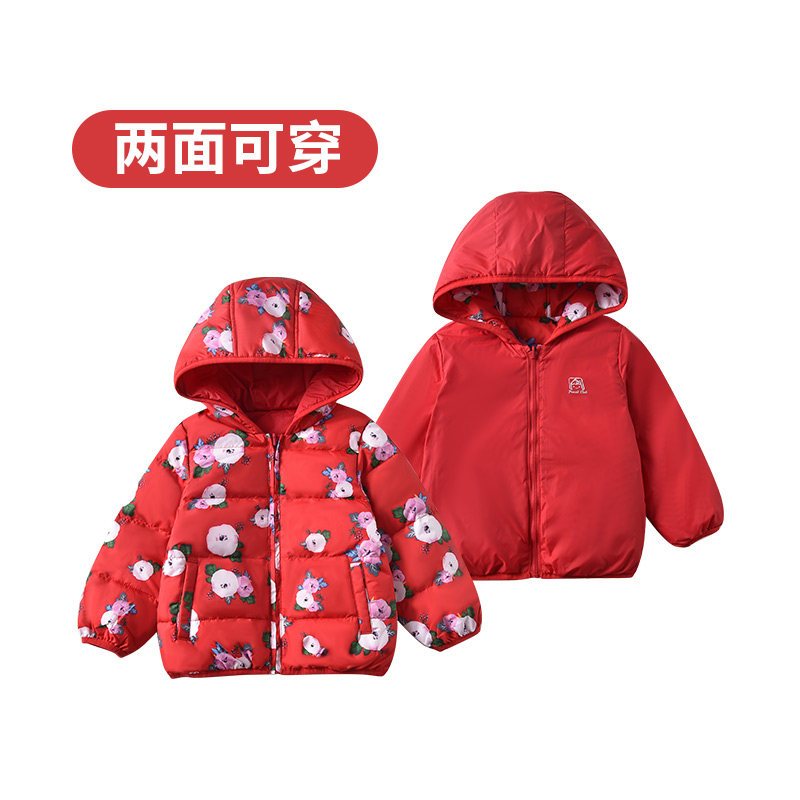 铅笔俱乐部童装2019冬季新款女童羽绒服小童连帽保暖两面穿外套_1 90 鲜大红