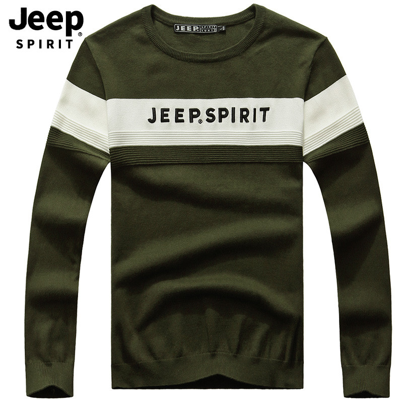 JEEP/吉普针织衫男2019秋冬圆领套头男士毛衣宽松青年休闲针织衫保暖毛衣A245 M 军绿色