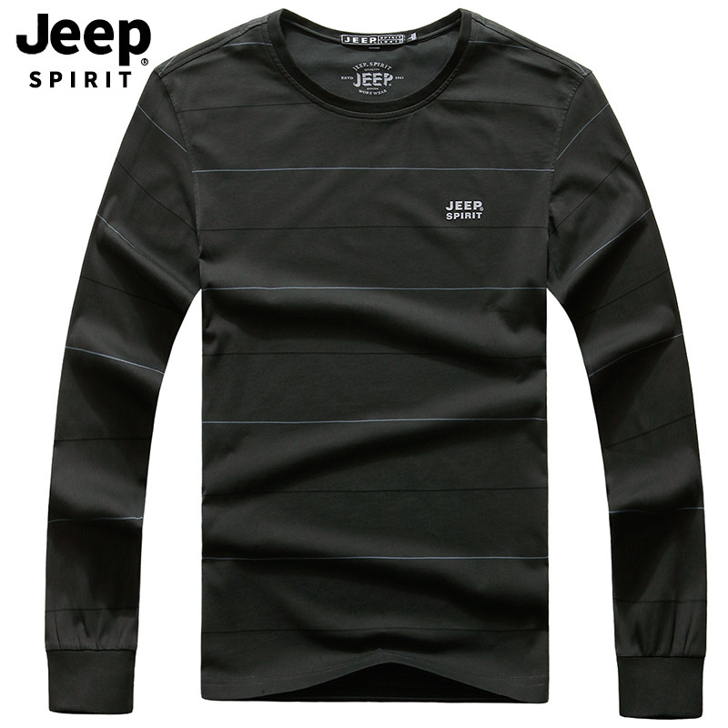 JEEP/吉普秋季男士长袖T恤衫商务休闲时尚圆领套头简约条纹百搭长袖T恤衫A245 XXXL 深灰色