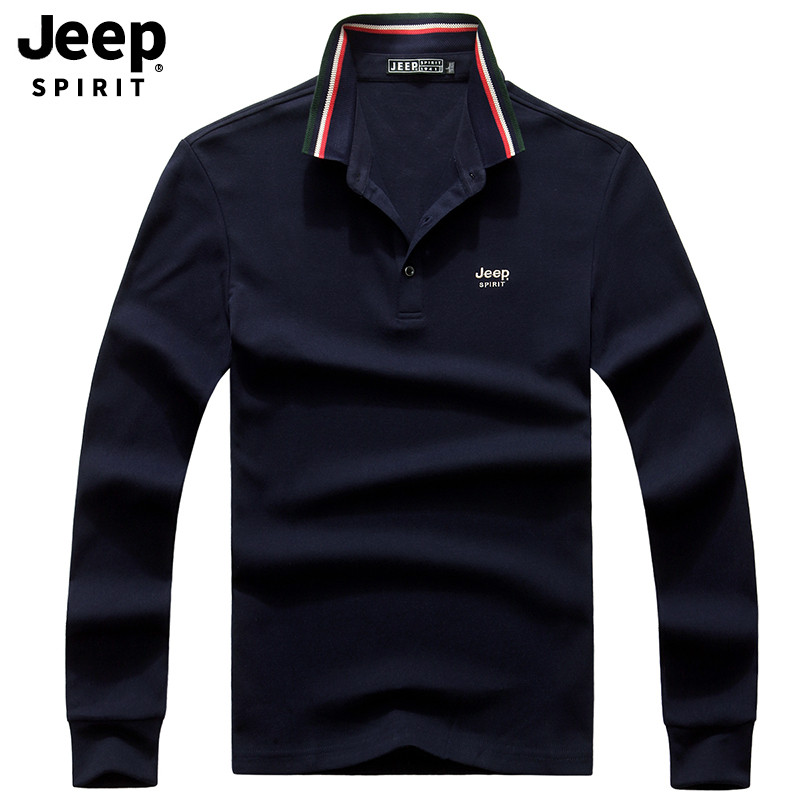 JEEP/吉普长袖T恤男2019秋季新款男士翻领polo衫男装纯色体恤男式打底衫A245 L 蓝色