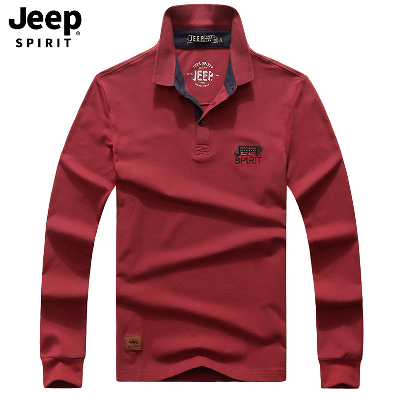 JEEP/吉普长袖t恤男士2019秋季新款青年翻领体恤POLO衫商务休闲男装打底衫A245 M 红色