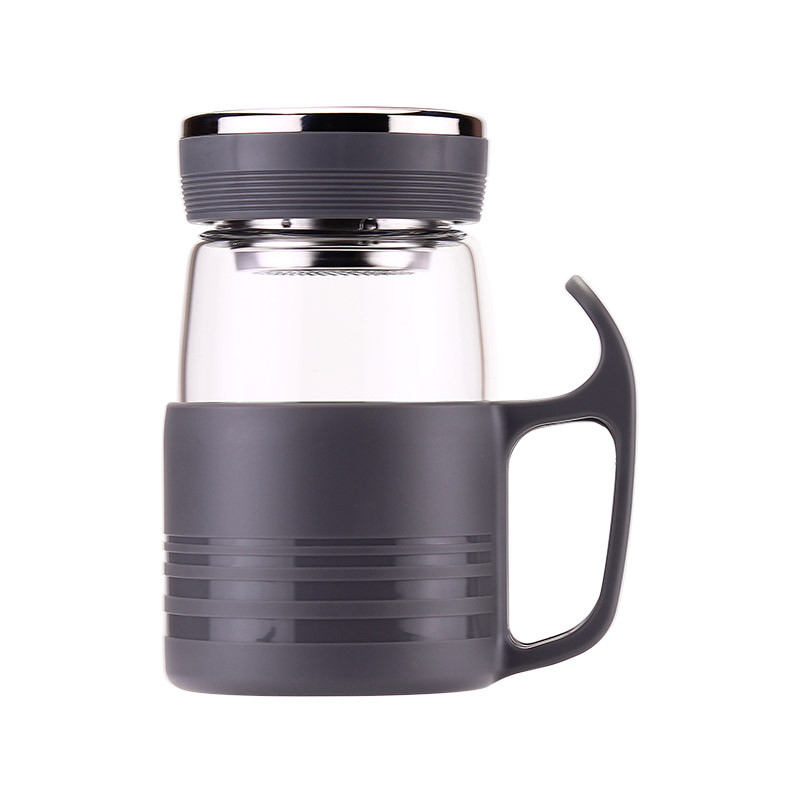 富光 玻璃杯 带把水杯 办公 家用 带盖 过滤网杯子 便携泡花茶G1603-DP-450B 450ml 有滤网 深灰色