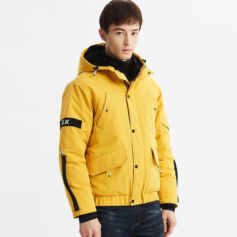 雪中飞羽绒服男短款2019新款秋季轻薄衣服男生帅气连帽羽绒外套潮_1 180/96A 黄色