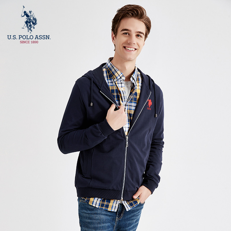 U.S. POLO ASSN.卫衣男连帽开衫纯棉秋休闲长袖刺绣外套宽松纯色 165 藏蓝色