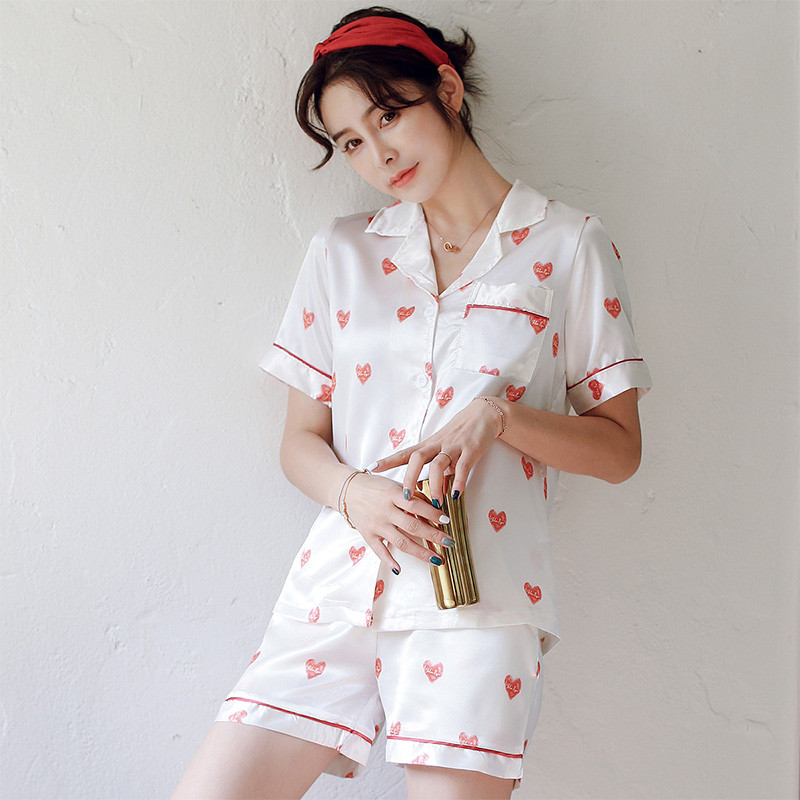 莫代尔 女士家居服套装仿真丝丝滑翻领时尚开衫家居服套装 M 短袖爱心白底印花